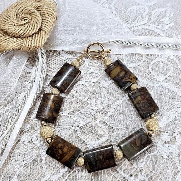 Vintage 14KGP Gold and Brown Jasper Gemstone Beaded Bracelet - Picture 4 of 15